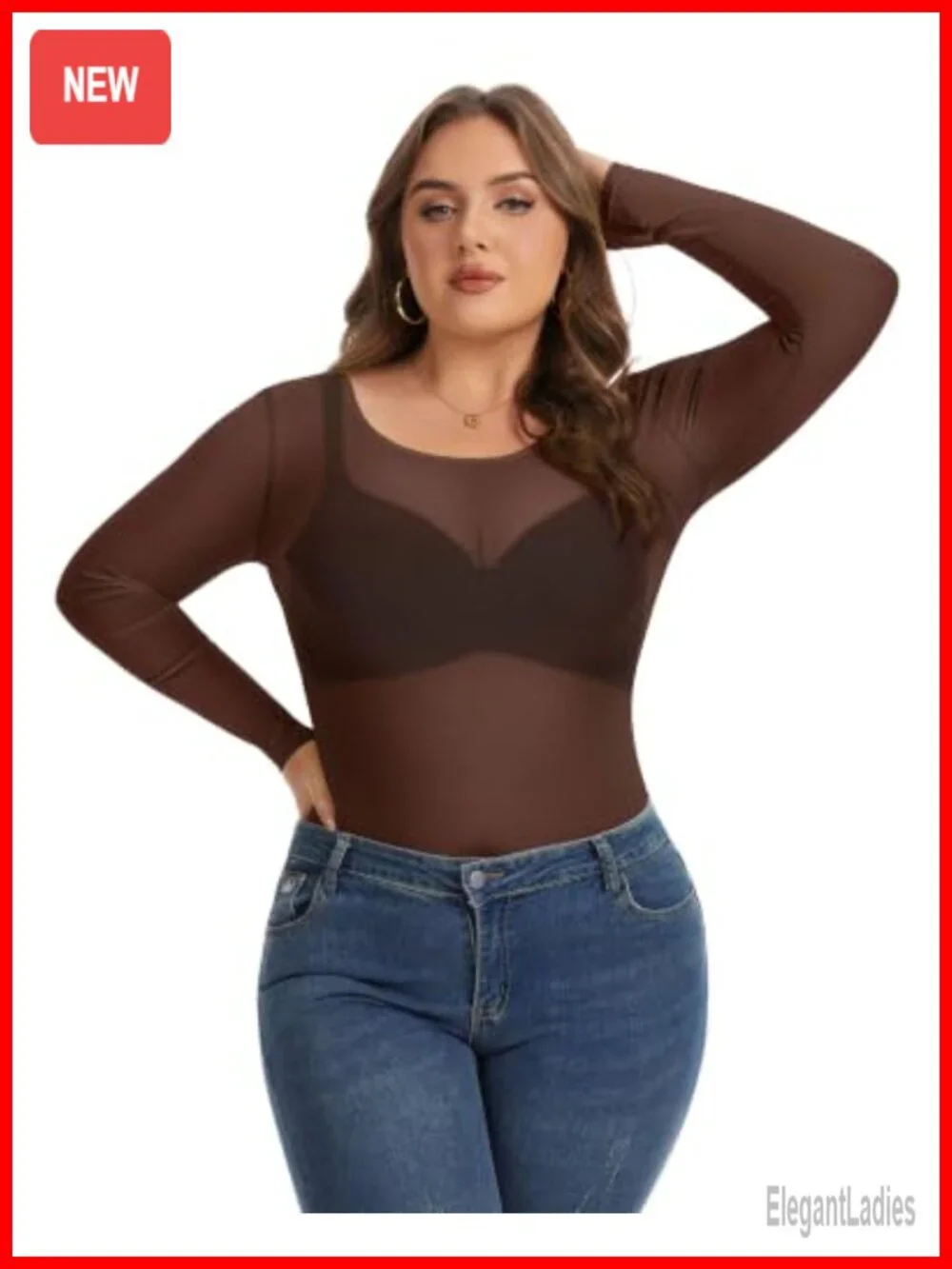 Women's Sheer Mesh Long Sleeve Bodycon Blouse Plus Size See Through Top